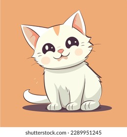 cute white kawaii kitten sitting in front of a orange background