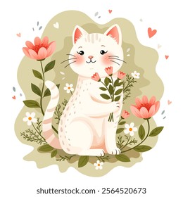 Cute white kitten with a bouquet of flowers. Background for greeting card. Vector illustration.