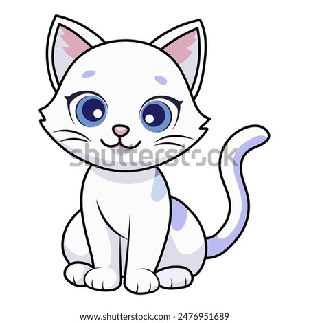 Cute white kitten in cartoon style. Vector illustration. Hero figurine for children's products