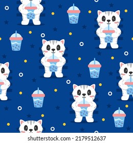 Cute white kitten cartoon trendy pattern background concepts.