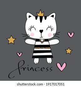 Cute white kitten in crown and princess text vector illustration. Vector illustration for baby kids t-shirt graphics design.