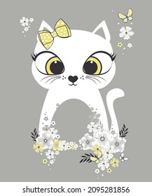 Cute white kitten with flowers and butterfly. Summer print t shirt. Vector illustration.