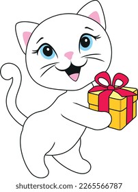 Cute white kitten with gift box. Vector