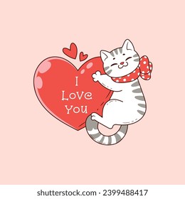 cute white kitten hugging a red heart for valentine's day
