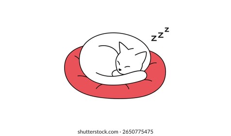 Gatinho branco bonito cochilando pacificamente em uma almofada vermelha sonhando doces sonhos