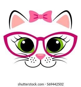 Cute white kitten with pink bow and glasses. Girlish print with kitty for t-shirt