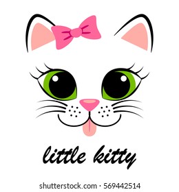 Cute white kitten with pink bow. Girlish print with kitty for t-shirt
