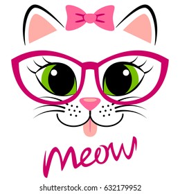 Cute white kitten with pink bow and glasses. Girlish print with kitty for t-shirt