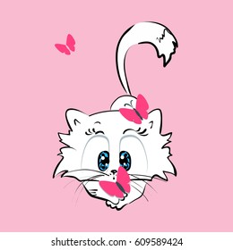 Cute white kitten with pink butterflies. Vector illustration. Children's illustration for school textbooks, stickers, posters, album covers.Print on t-shirt

