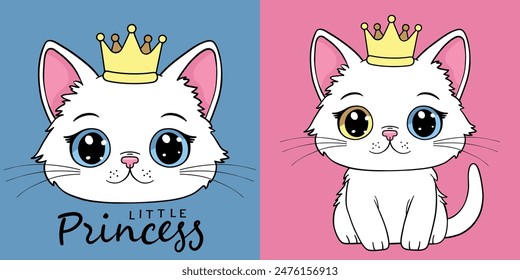 Muchacha blanca linda de la princesa del gatito con la corona, ojos de diferentes colores, eslogan de la princesa pequeña