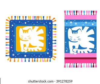 Cute white kitten sleeping on a rug. Kids illustration. Set of vector images.