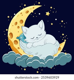 A cute white kitten sleeps peacefully on a crescent moon, surrounded by soft clouds and glowing stars against a dark night sky. The scene has a dreamy, calming feel, perfect for children's decor.