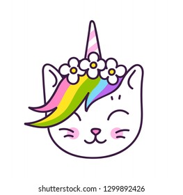 Cute white kitten unicorn with horn and rainbow mane, in a flower wreath, isolated on a white bacground. Vector cartoon character.