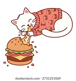 Gatito blanco lindo que lleva un suéter rosa, jugando con morder en una enorme, deliciosa hamburguesa con queso doble. Ilustración de comida rápida kawaii.