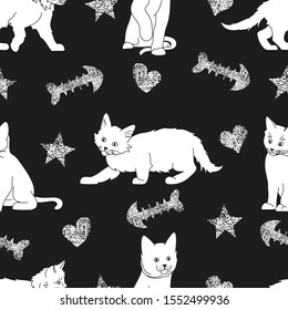 cute white kittens black thin lines silhouettes on black background seamless pattern, cartoon drawing adorable pets, editable vector illustration for fabric, textile, decoration