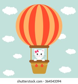 cute white kitty and air balloon and clouds
