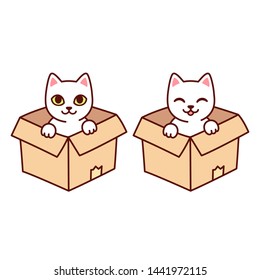 Cute white kitty in cardboard box. Funny cartoon cat sitting in box, isolated vector clip art illustration.