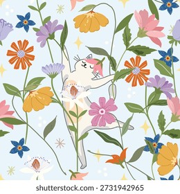 Cute white kitty cat having fun in colorful flower garden seamless pattern