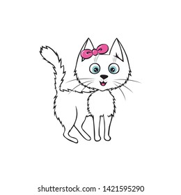 Cute white kitty isolated on the white background. Vector illustration in cartoon style