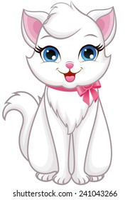 Cute white kitty with a pink bow around her neck.