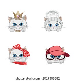 A cute white kitty princess in a crown, cap, bow and fur hat. White cat with blue eyes. Set of vector illustrations in cartoon style.