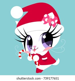 Cute white kitty in Santa Claus costume holds a candy. A gift for Christmas. New Year. Children's character.