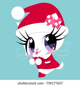 Cute white kitty in Santa Claus costume. Christmas and New Year. Children's character.