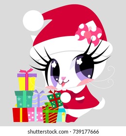 Cute white kitty in Santa Claus costume holds gift. Gift boxes for Christmas. New Year. Children's character.