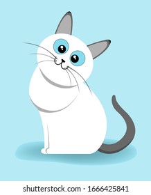 El gatito blanco se sienta y sonríe. Ilustración vectorial.