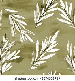 Cute white leave seamless watercolor pattern on brown background. Flower vector illustration. Watercolor print in rustic vintage style, textile or wallpapers.