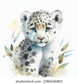 Cute white leopard cub watercolor illustration, baby wild cat vector art design, Adorable watercolor painting of a snow leopard cub with blue eyes and leaves on a white background