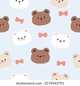 cute white , light brown and brown teddy bear heads with polka dot bows  on pastel  blue background  seamless pattern , vector , illustration