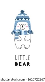 Cute white little bear in a knitted scarf and hat. Print for t-shirts, cards. Vector illustration for children.
