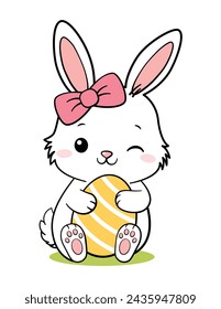 Cute White Little Easter Bunny Rabbit Hugging Egg