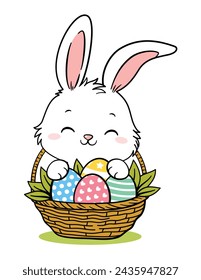 Cute White Little Easter Bunny Rabbit On Egg Basket