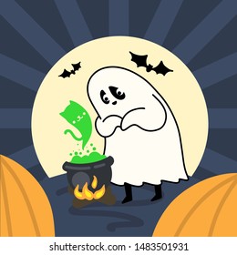Cute White Little Ghost with Cauldron with Green Magic Potion and Green Cat. Funny Simple Halloween Vector Illustration.  Night Sky with White Moon and Orange pumpkins. Halloween Art for Card, Poster.