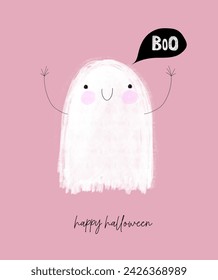 Cute White Little Ghost. Funny Simple Halloween Vector Card with Hand Drawn Ghost on a Light Pink Background. White Handwritten Boo in a Black Speech Bauble. RGB. Childish Drawing-like Haloween Print.