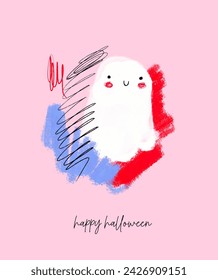 Lindo Fantasma Blanco. Tarjeta simple divertida del vector de Halloween con el fantasma dibujado a mano en un fondo rosa claro.RGB.Childish dibujo-como impresión abstracta de Halloween. Tarjeta de Halloween de estilo intantil creativo.