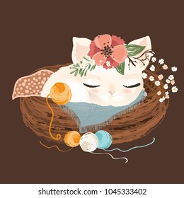 Cute white little kitten dreaming, sleeping in rustic basket with yarn balls and flowers, floral wreath, bouquet