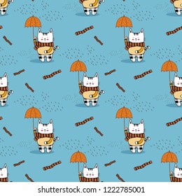 Cute white little kitty wearing a stripe scarf and scott pattern pants,hold a dot umbrella under raindrops on nice blue background.Cartoon animal vector illustration.Seamless pattern for kids fasion.