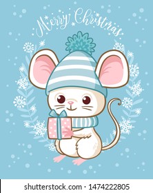 Cute white little mouse is holding a New Year's gift. Vector illustration on the Christmas theme with a cartoon rodent. Merry  Christmas card.