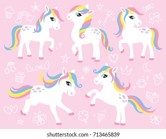 Cute white little pony or horse vector illustration set with cute graphic elements such as rainbow, star, moon, cupcake, crown, diamond, etc.