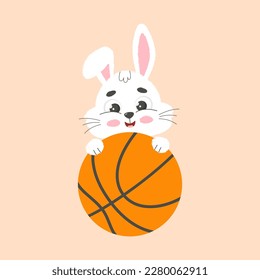 Cute white little rabbit and basketball ball. Cartoon vector illustration. 