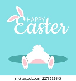 Cute white little rabbit in hole. Happy easter lettering text with bunny ears. Cartoon vector illustration.