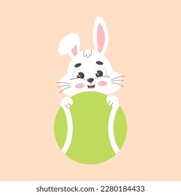 Cute white little rabbit and tennis ball. Cartoon vector illustration.