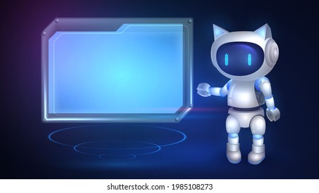 Cute white little robot with cat ears points to an electronic board