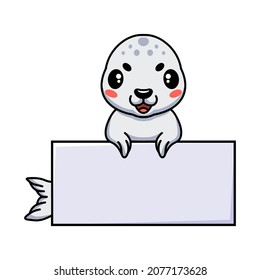 Cute white little seal cartoon with blank sign