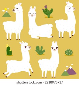 Cute white llama or alpaca animals with cactus and desert plants.  Vector illustration