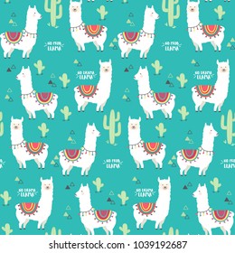 Cute white llama, alpaca and cactus seamless pattern design. Trendy cartoon llama vector background