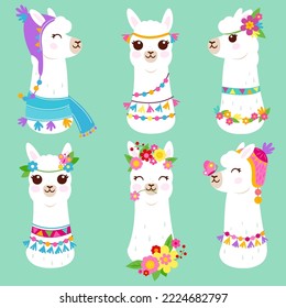 Cute white llama or alpaca heads with flowers, knit hats and colorful traditional accessories.  Vector illustration.